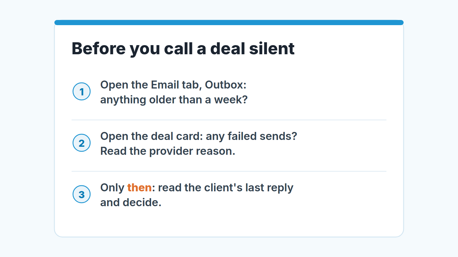 Checklist: check the Outbox and failed sends in the deal card before you call a deal silent