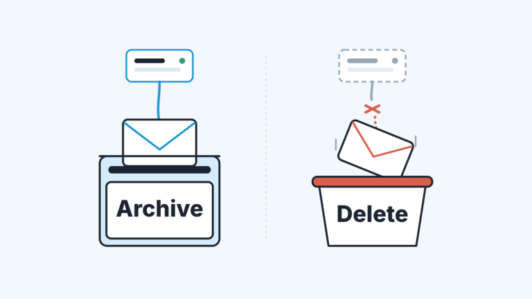 Two envelopes: one filed in an Archive drawer, still linked to a deal card; one dropped in a Delete bin with the link cut