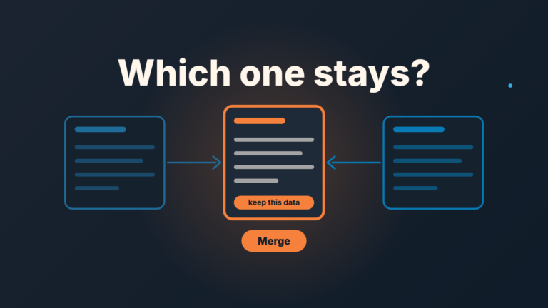 Two deal cards point into a highlighted center card marked "keep this data", with a Merge button below it.