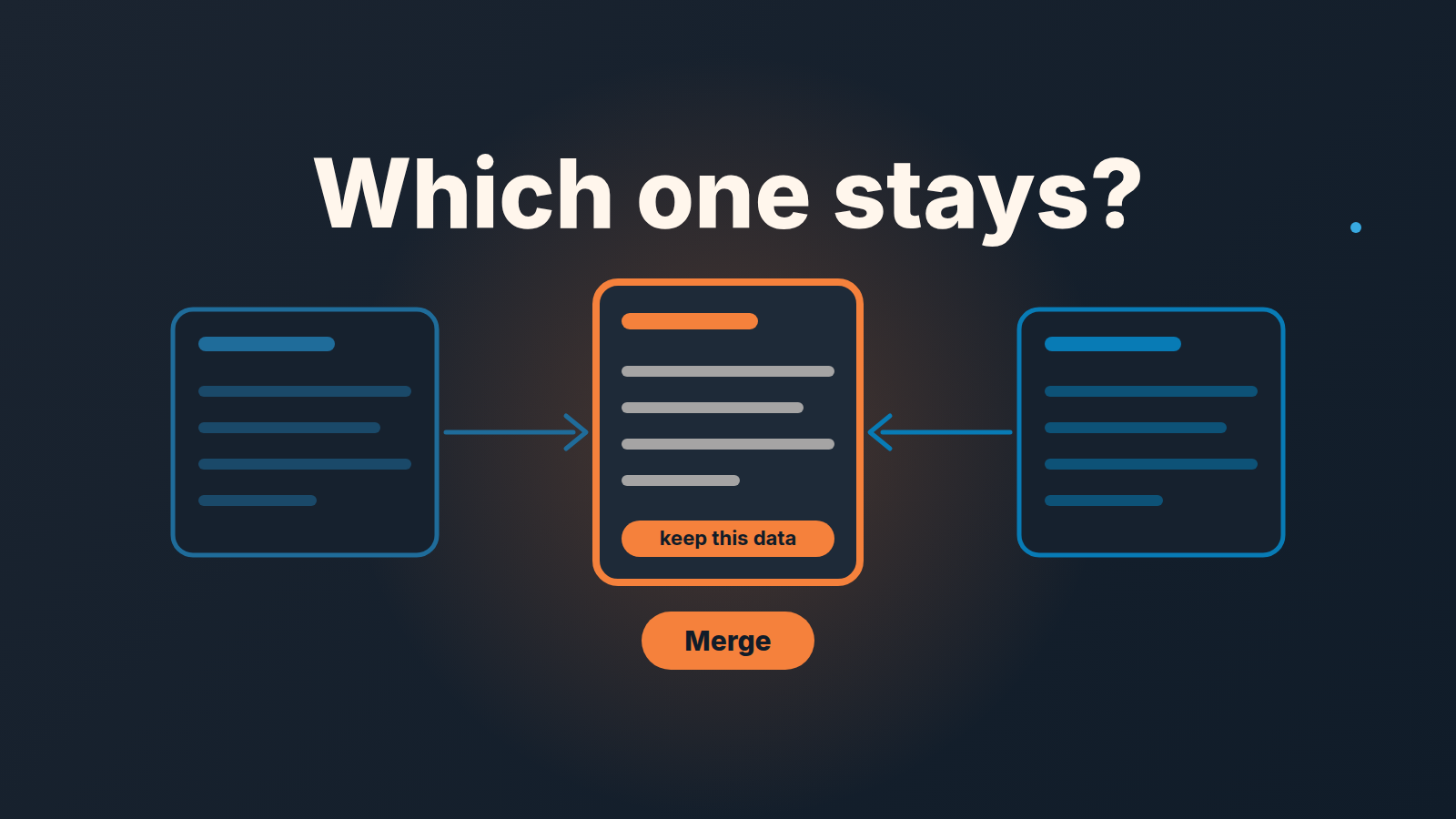 Two deal cards point into a highlighted center card marked "keep this data", with a Merge button below it.