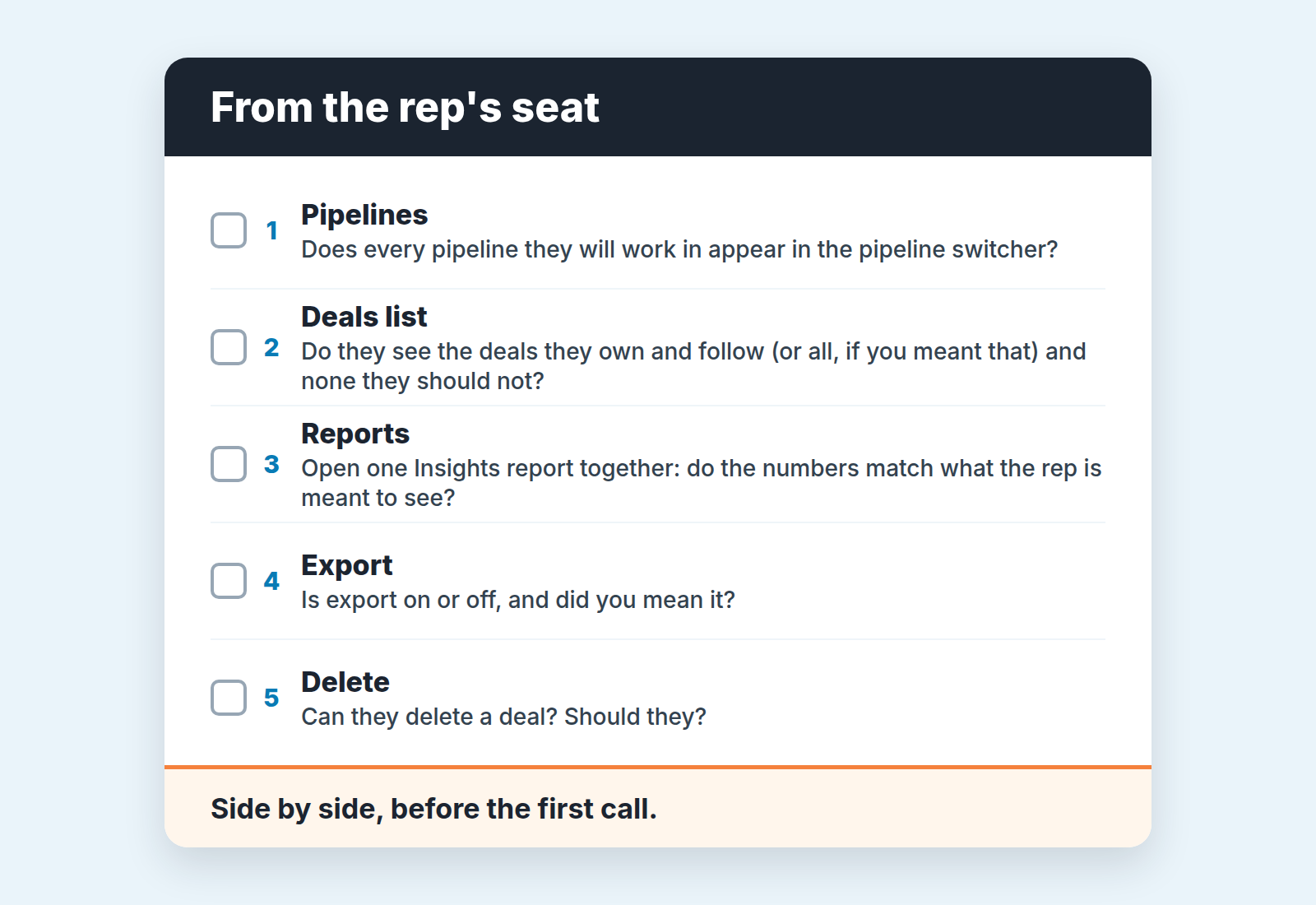 Checklist "From the rep's seat" with five checks: pipelines, deals list, reports, export, delete