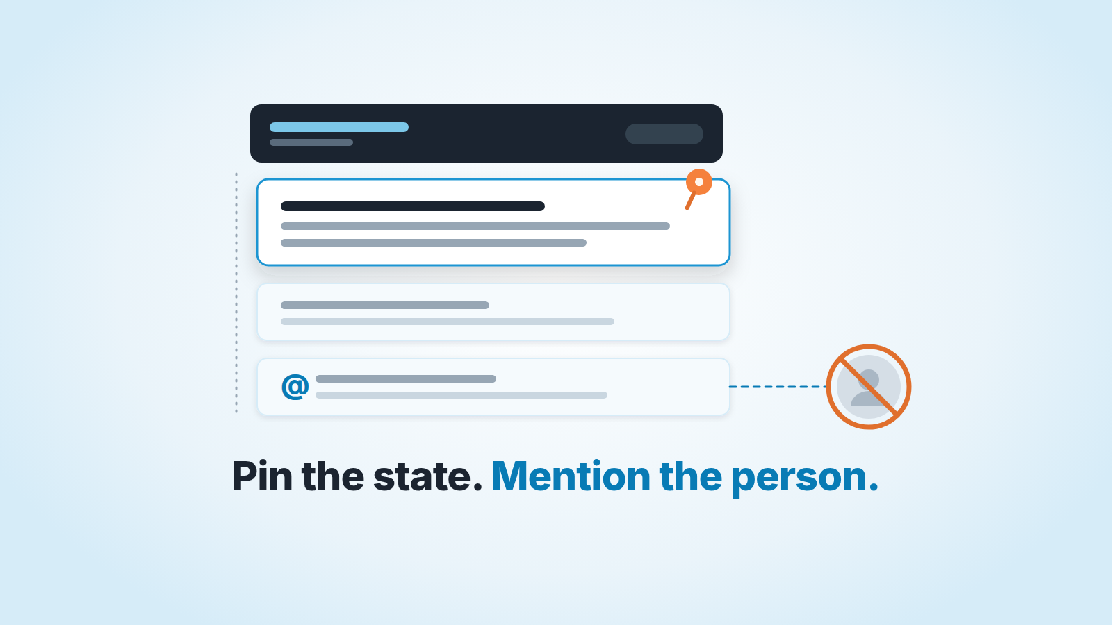 Abstract cover: a deal card above a note timeline, the top note pinned, a mention line from a lower note ending at a greyed-out, blocked avatar