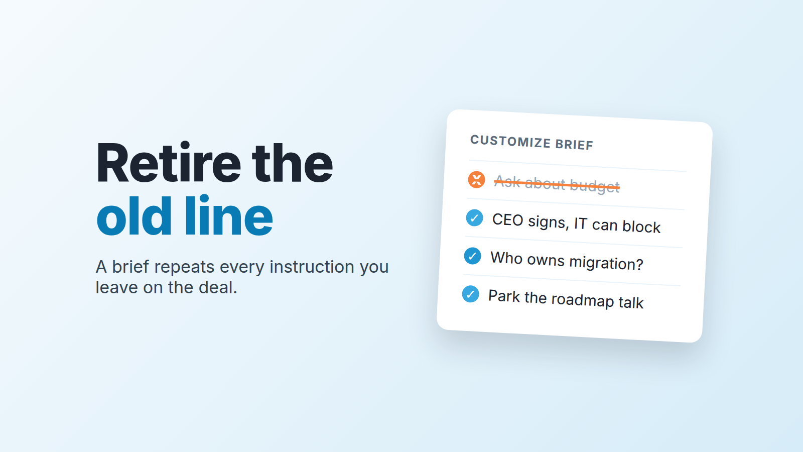 Meeting brief instruction list with an outdated line struck out and current deal rules kept