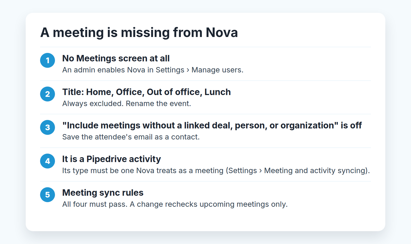 Five-step checklist for finding out why a meeting is missing from Pipedrive Nova