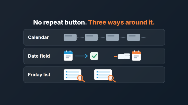 Three lanes labeled Calendar, Date field and Friday list showing three ways to repeat a customer check-in without a recurring activity