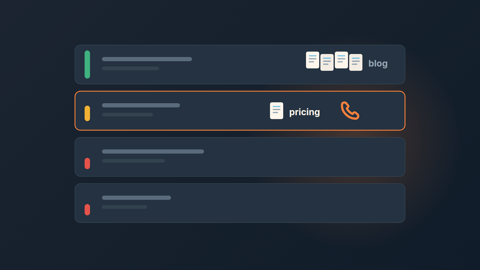 Flat illustration of four inbox rows with quality bars: a long green bar beside blog pages, a shorter amber bar beside a pricing page and a phone