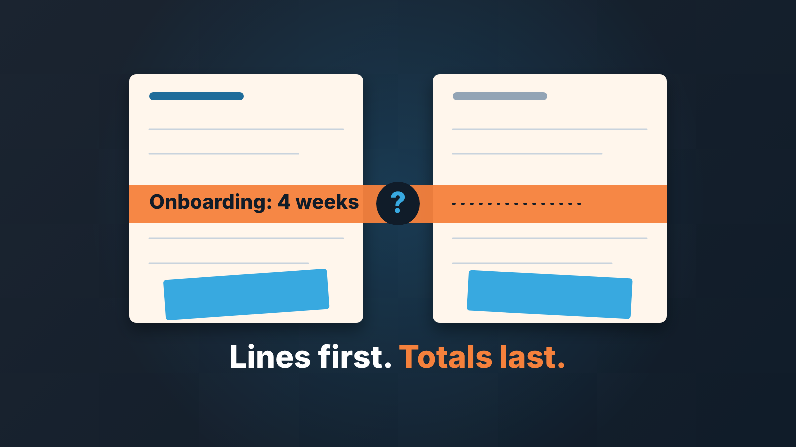Two quote sheets side by side with the totals covered; one onboarding line is filled on ours and blank on theirs