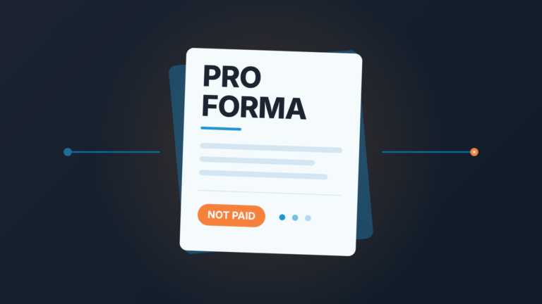 Pro forma invoice sheet with an orange "Not paid" tag on a dark background: the document is out, the money is not in yet