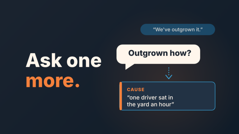 Speech bubble "Outgrown how?" answers a vague reply and leads down to one CRM line: Cause, one driver sat in the yard an hour.