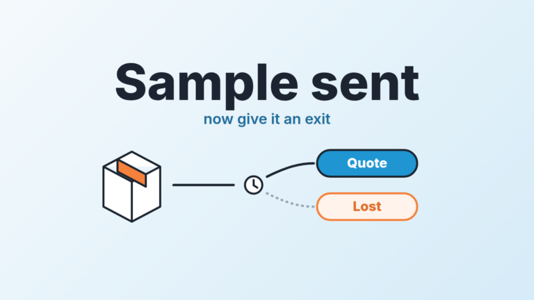Parcel with a product sample, a clock, and two exits: a blue Quote and an orange Lost, under the words "Sample sent"