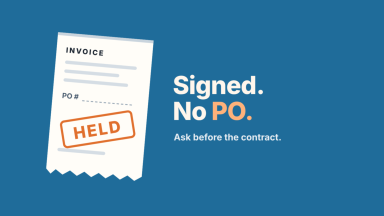 An invoice slip stamped HELD with an empty PO number line, next to the words "Signed. No PO."