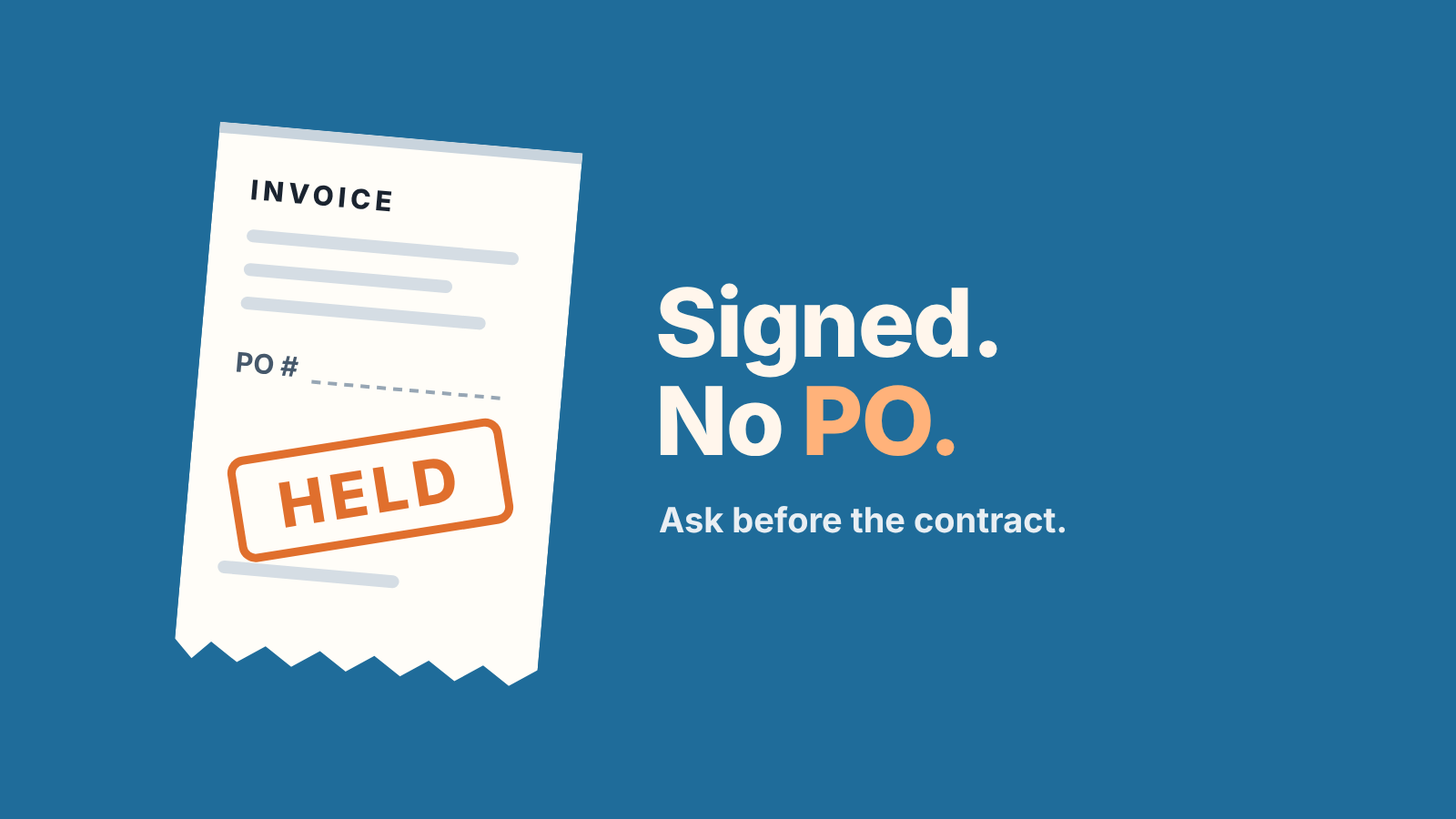 An invoice slip stamped HELD with an empty PO number line, next to the words "Signed. No PO."