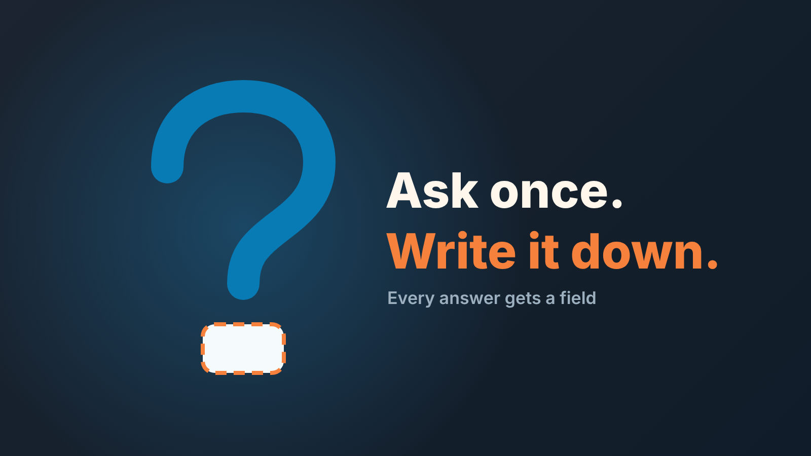 Cover: a large question mark whose dot is an empty dashed deal field, with the words "Ask once. Write it down."