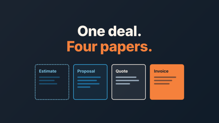 Cover: four document cards in a row, estimate dashed, proposal, quote, and a solid orange invoice, under the line "One deal. Four papers."