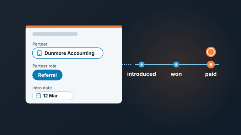 Stylised deal card with Partner, Partner role and Intro date fields and a timeline from introduction to payout