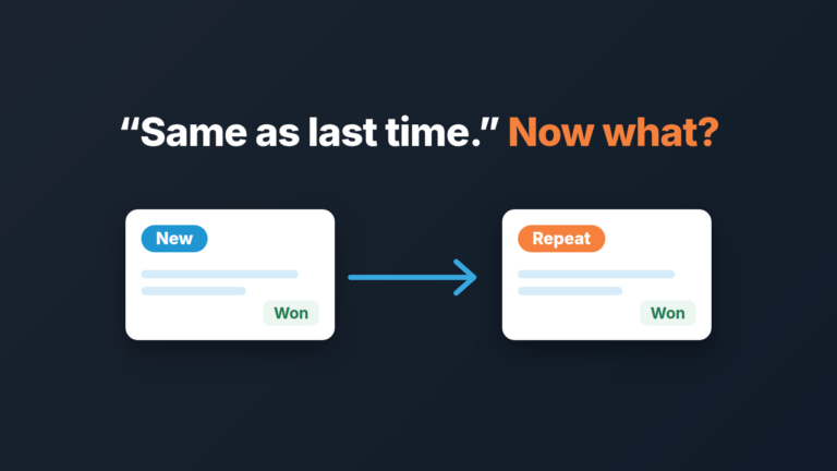 A won New deal card with an arrow to a Won Repeat deal card, the idea behind logging each reorder as its own deal