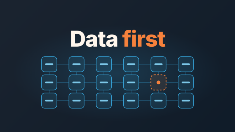 Grid of CRM field tiles in blue with one empty tile outlined in orange, under the words "Data first"