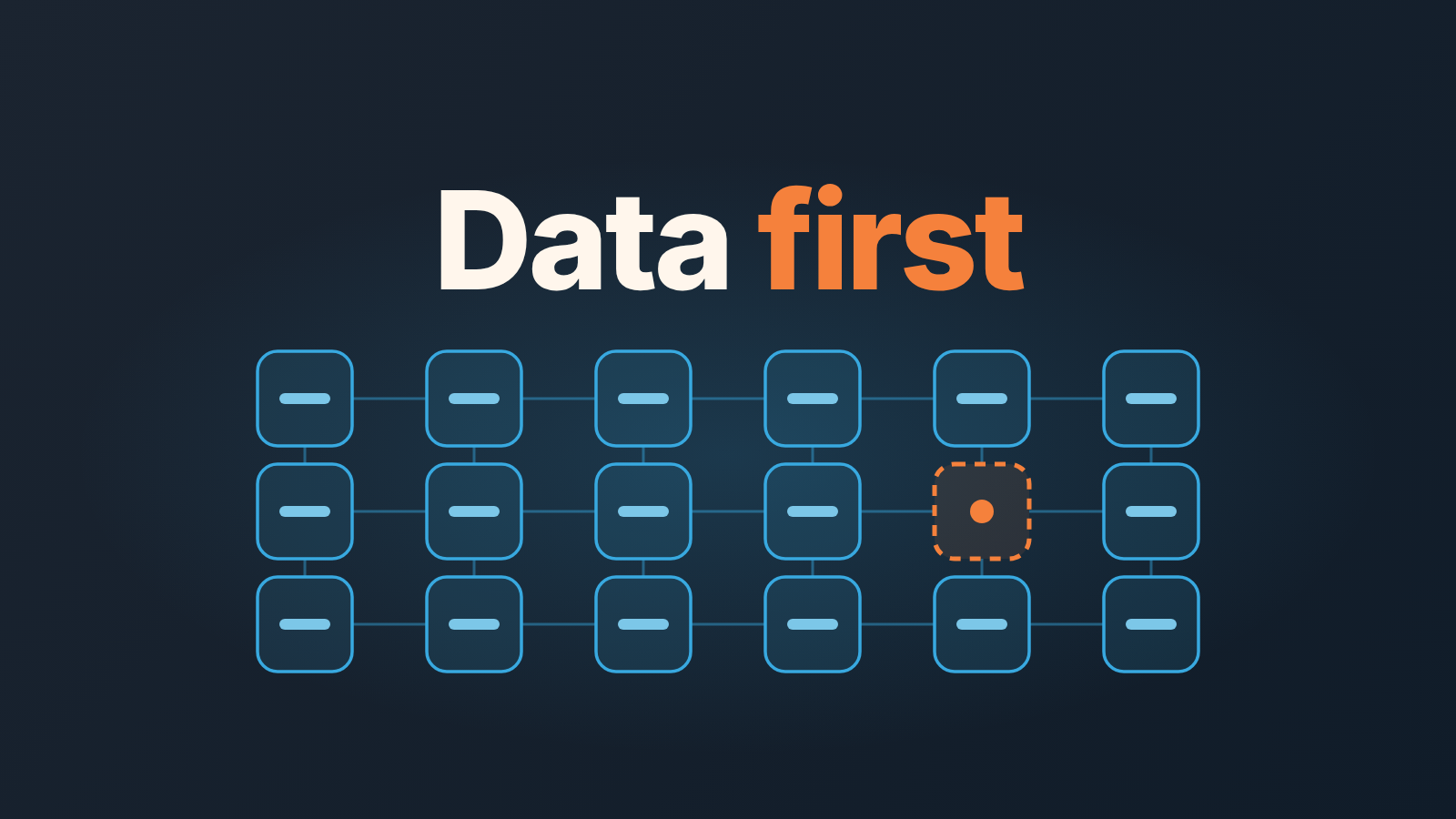 Grid of CRM field tiles in blue with one empty tile outlined in orange, under the words "Data first"