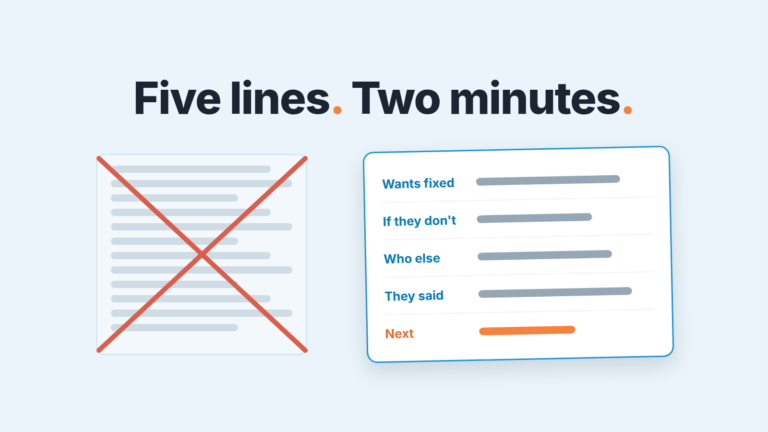 Five-line sales call note card next to a crossed-out twelve-heading template