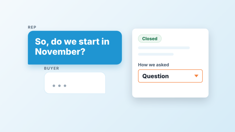 Sales rep asking a buyer for a decision, with a closed deal card and a single dropdown field beside it