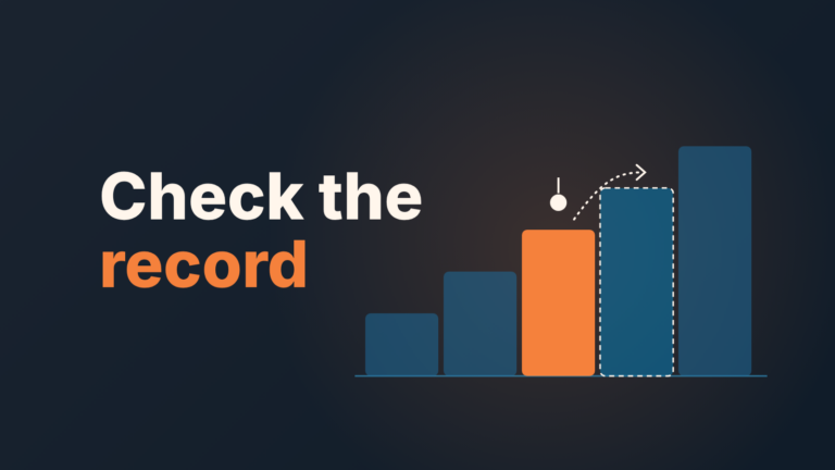 Cover: five bars like steps, one orange, with a dashed arrow to the next bar, under the words "Check the record".