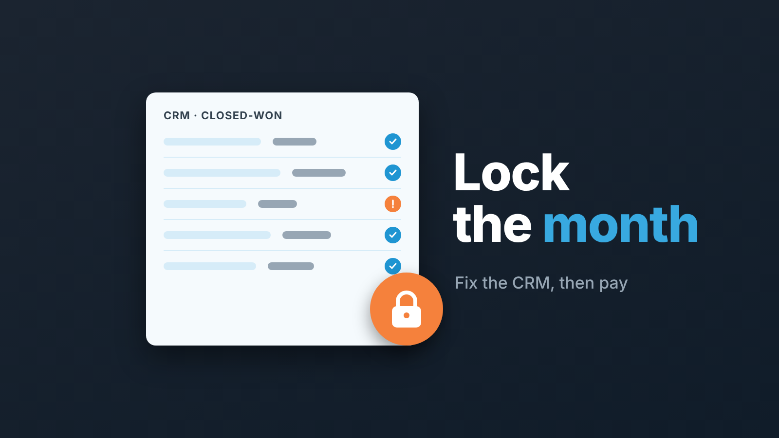 Closed-won deal list with checkmarks, one flagged row, and a padlock: lock the month once the CRM data matches