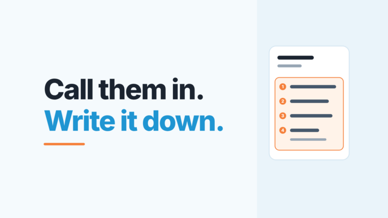 Cover: a four-line note card beside the words Call them in and Write it down, on a light blue field