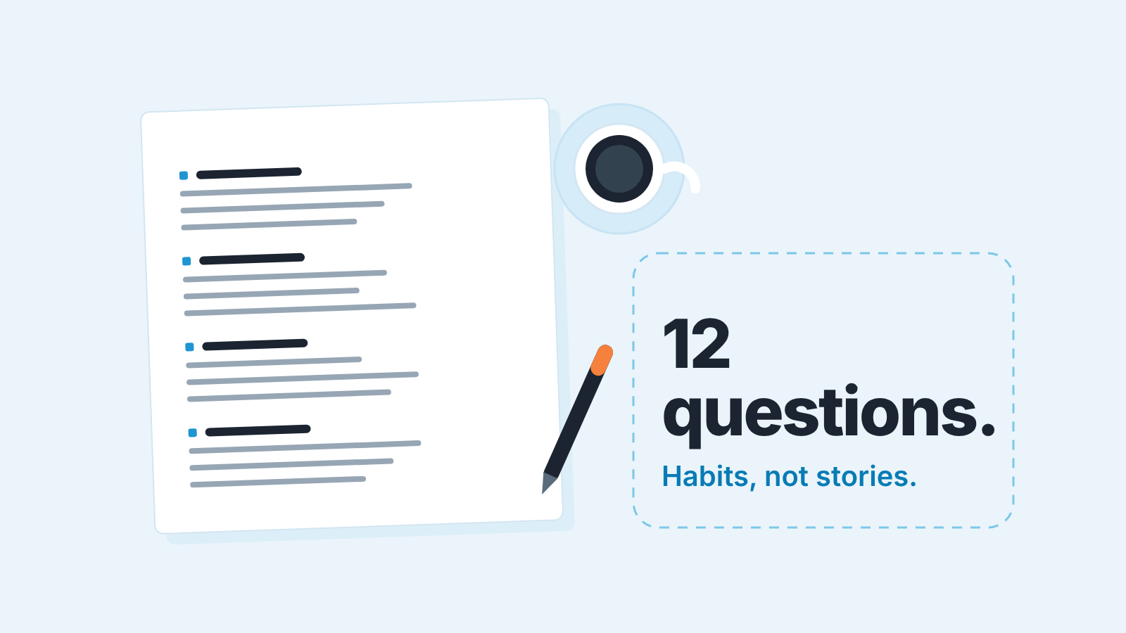 Interview table from above: a question sheet in four blocks, a pen and a cup, an empty candidate side with the words 12 questions