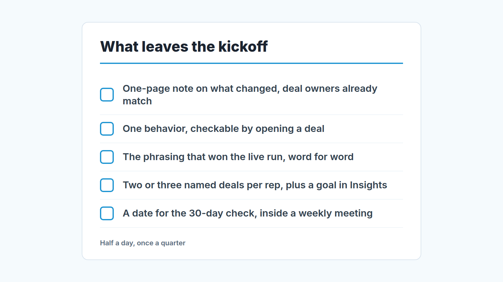 Checklist of five things that should leave a sales kickoff meeting, from a one-page change note to a dated 30-day check