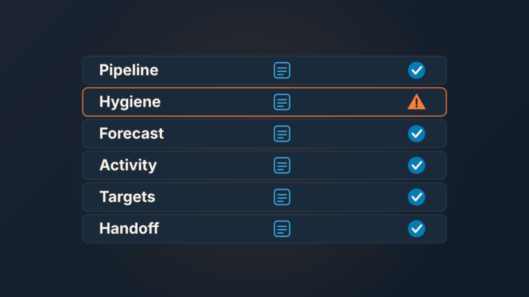 Six sales manager duties listed as rows, each with a CRM view icon and a tick; the hygiene row carries a warning instead