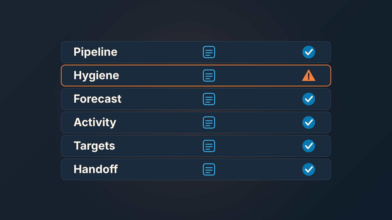 Six sales manager duties listed as rows, each with a CRM view icon and a tick; the hygiene row carries a warning instead