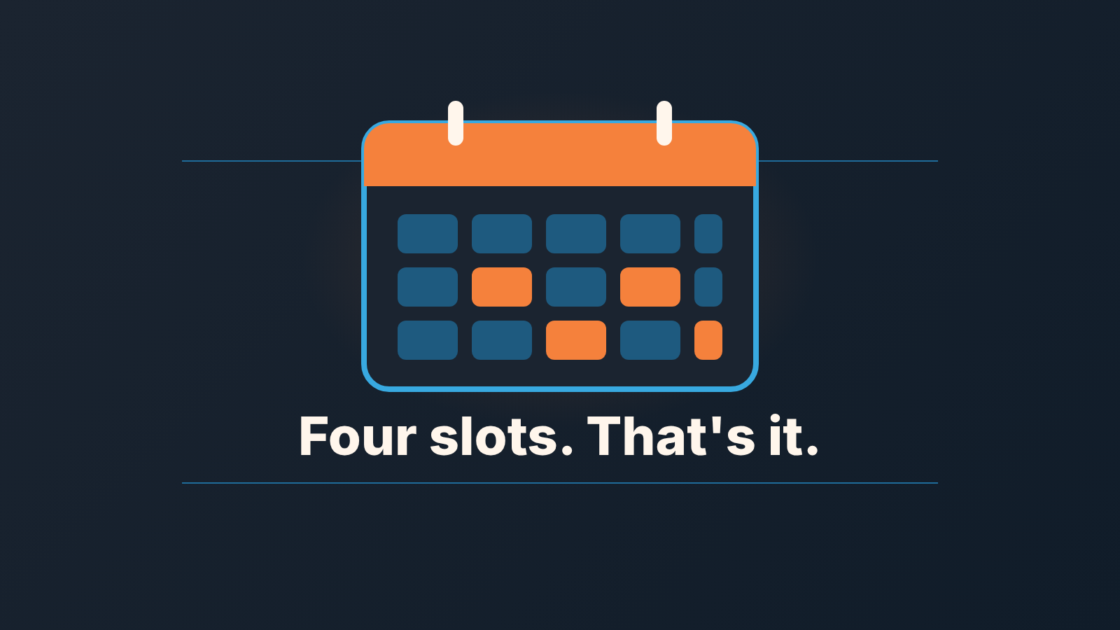 Wall calendar with four highlighted days above the words Four slots. That's it: a small sales team needs four recurring meetings