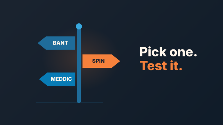 Signpost with three arrows labelled BANT, SPIN and MEDDIC beside the words Pick one. Test it. Choose one sales methodology and pilot it
