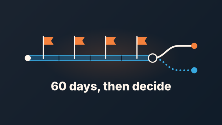 Timeline bar with four flags that ends in a fork: one path back to normal work, one to a role change or exit