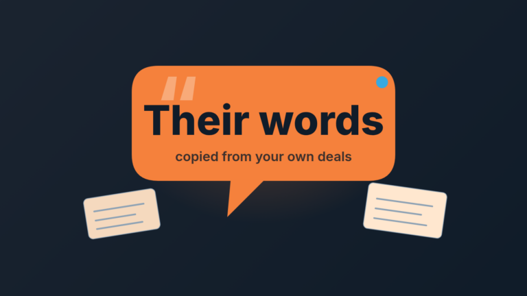 Orange speech bubble with the words "Their words" and two note cards: the pitch is written in the buyer's own wording.