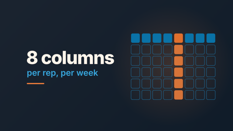 Dark cover with a grid of eight columns, one highlighted in orange, and the text "8 columns per rep, per week"