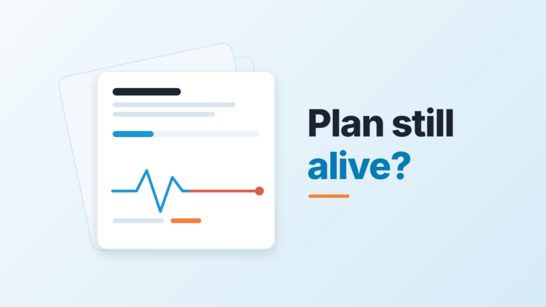 Stack of account plan cards; the top one shows a pulse line that flattens into a red dead line