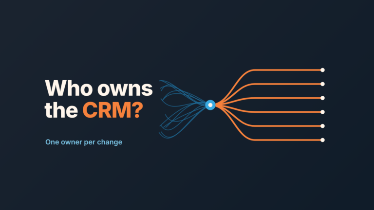 Dark cover with the question "Who owns the CRM?" and a tangle of lines resolving into six separate orange lines