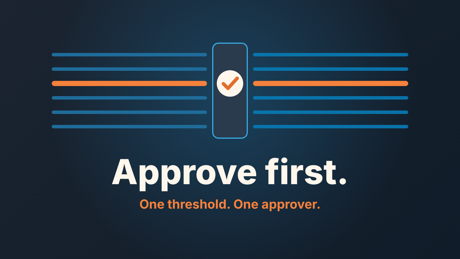 Dark cover: parallel lines pass through a gate with a checkmark; text reads "Approve first. One threshold. One approver."