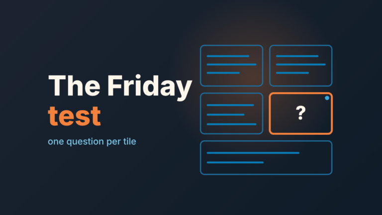 Dark cover with the words "The Friday test" beside five wireframe tiles, one highlighted in orange with a question mark