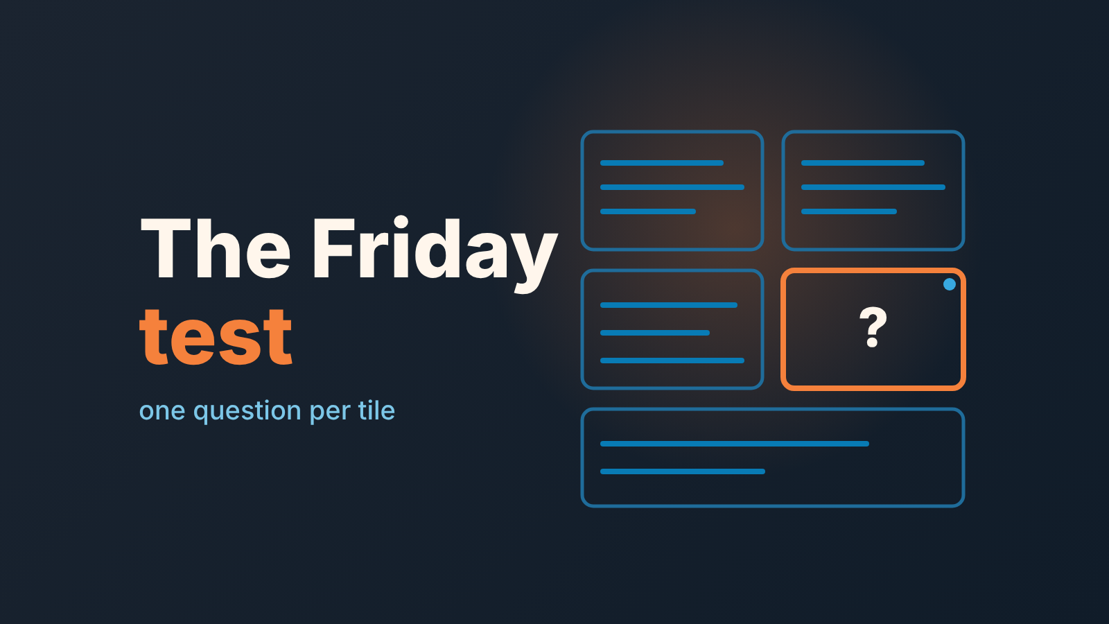 Dark cover with the words "The Friday test" beside five wireframe tiles, one highlighted in orange with a question mark