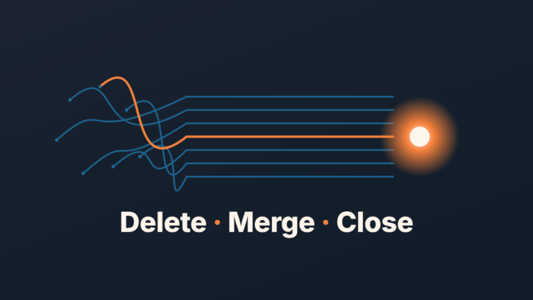 Tangled lines straighten into parallel streams that reach one glowing point, with the words Delete, Merge, Close