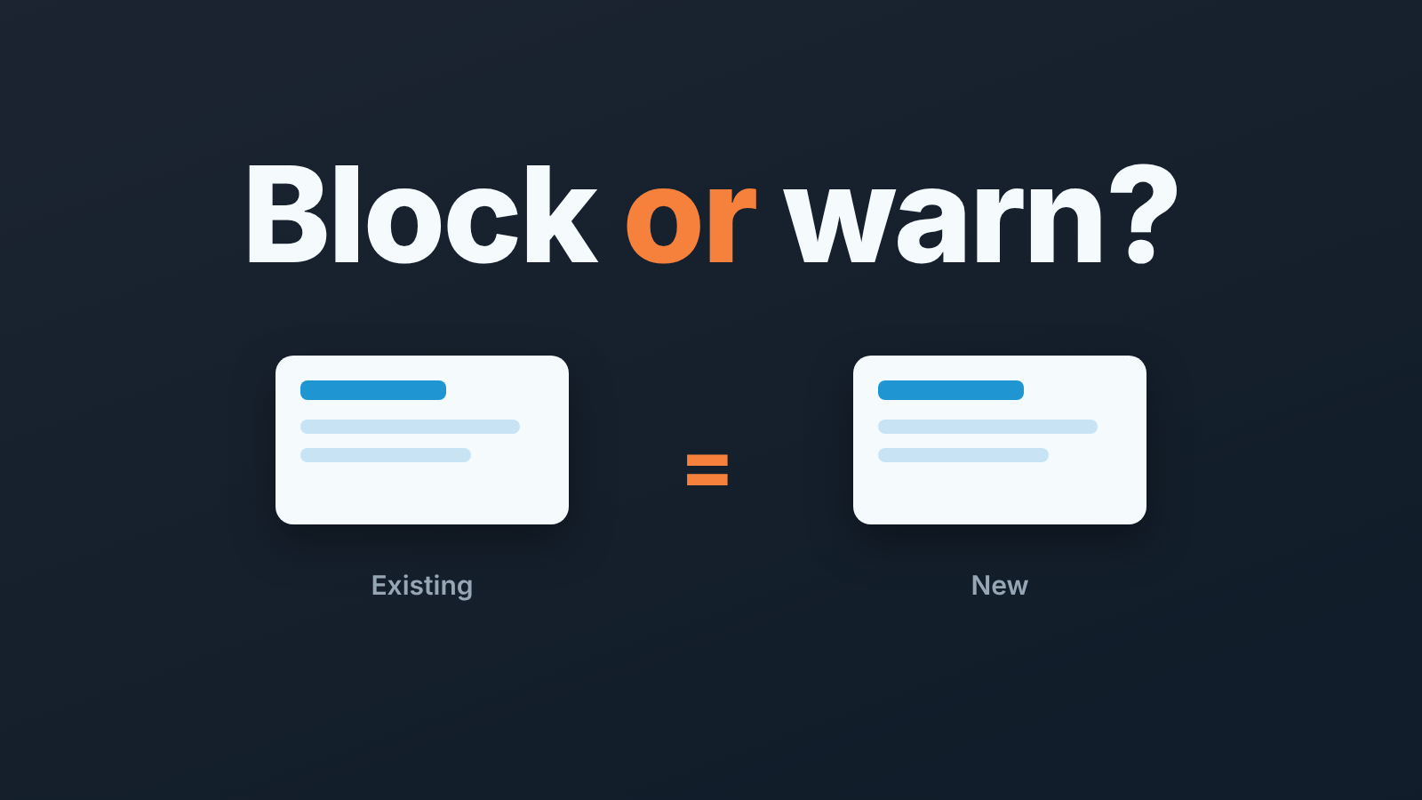 Two identical record cards joined by an equals sign under the words "Block or warn?", showing a duplicate-rule choice