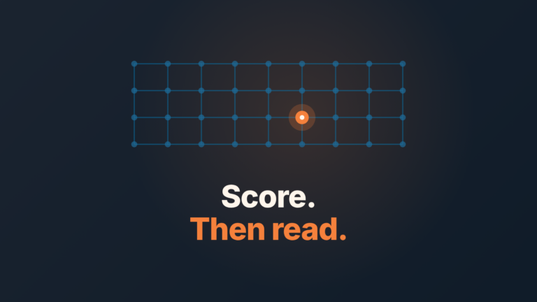 Dark cover with a grid of blue nodes, one glowing orange, and the words "Score. Then read."