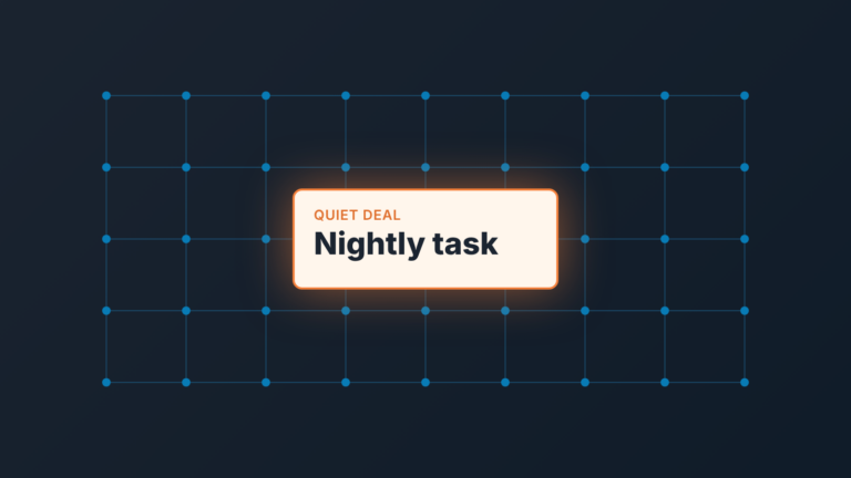 Dark lattice of connected nodes with one glowing card, "Quiet deal, Nightly task", showing a scheduled flow task