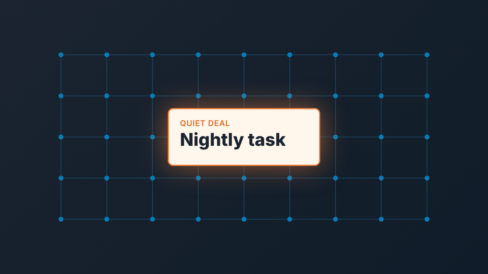 Dark lattice of connected nodes with one glowing card, "Quiet deal, Nightly task", showing a scheduled flow task