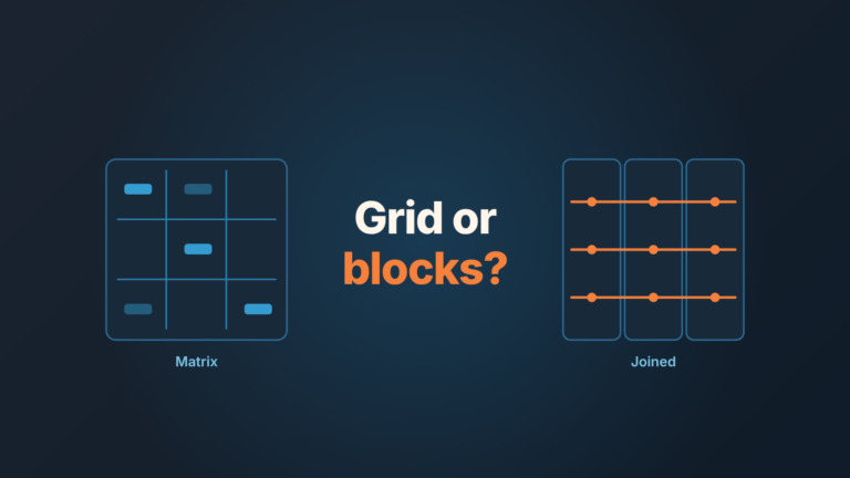 Two schematics side by side, a grid and three vertical blocks joined by lines, with the question "Grid or blocks?"