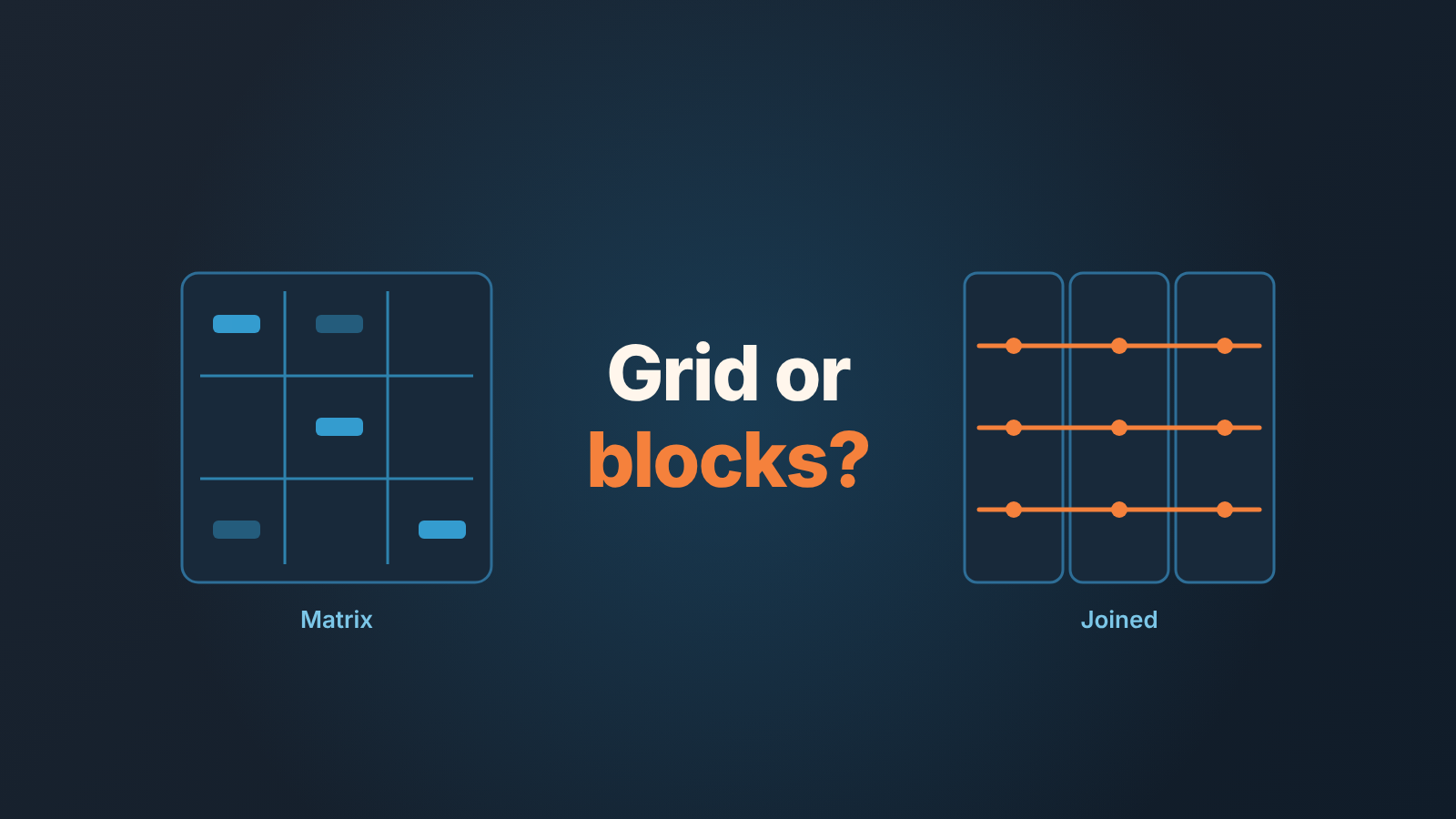 Two schematics side by side, a grid and three vertical blocks joined by lines, with the question "Grid or blocks?"