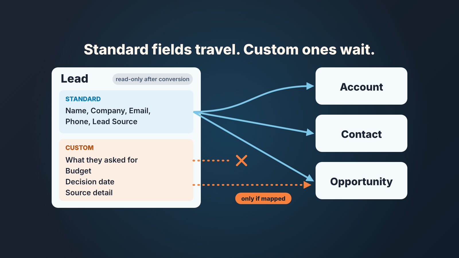 Diagram: standard lead fields flow to Account, Contact and Opportunity on conversion; custom fields arrive only if mapped.