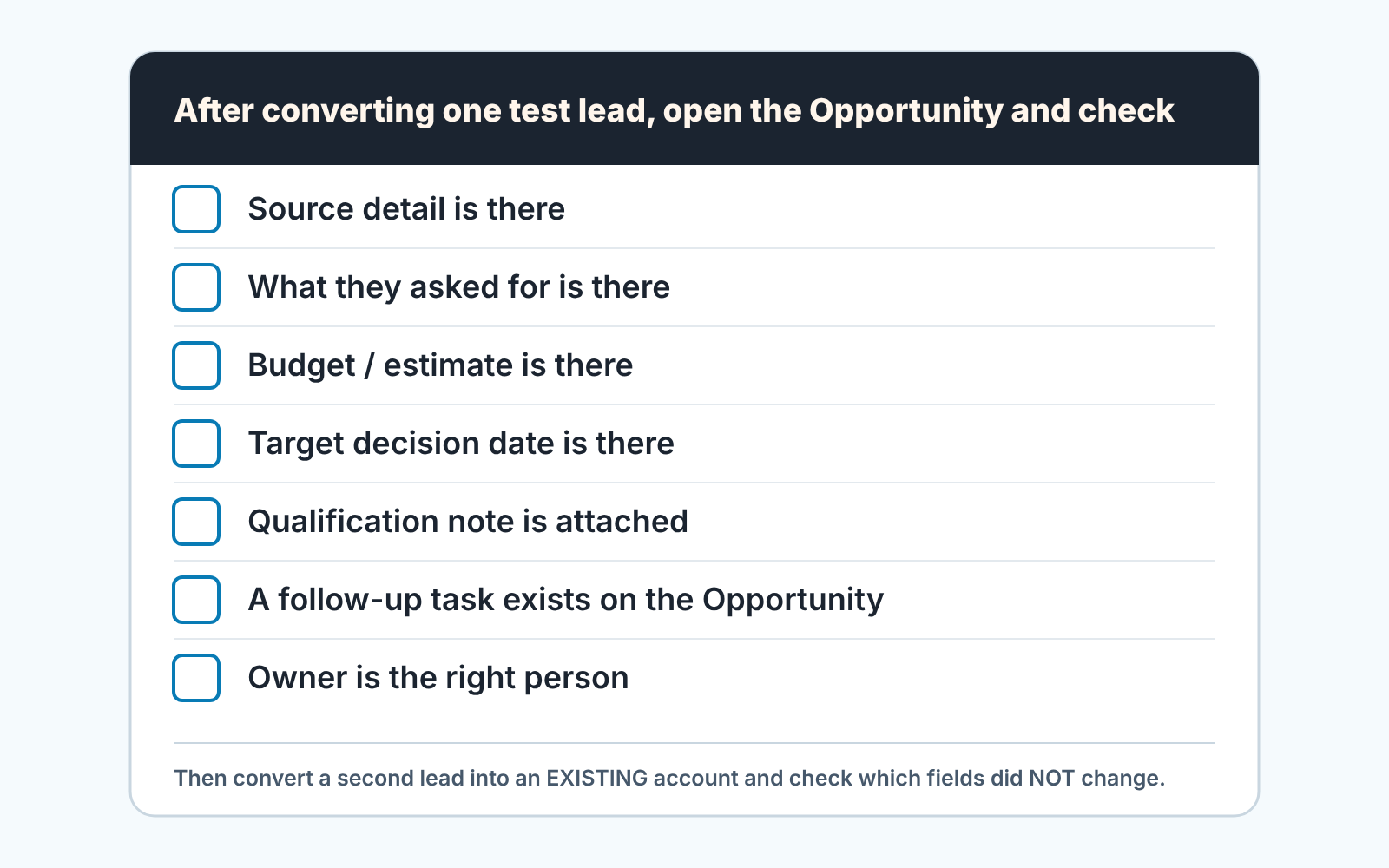 Checklist for testing Salesforce lead field mapping on one converted lead.